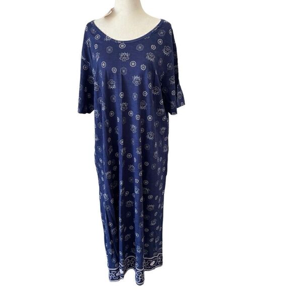 La Cera 1X NWT Cotton Tunic Maxi Dress Blue and White Side Pockets - Picture 1 of 9
